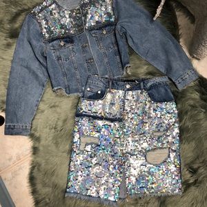 Mustard seed light Jean skirt iridescent sequins